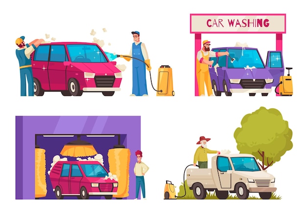 Cartoon-symbole für autowaschanlagen, die mit arbeitern eingestellt wurden, die fahrzeuge sprühen und reinigen, isolierte vektorillustration
