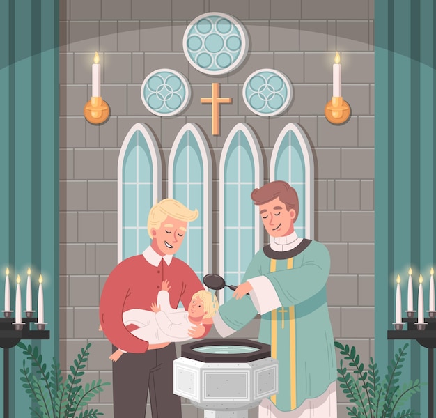 Kostenloser Vektor cartoon-szene der christlichen kirche mit priester, der babyjungen-vektorillustration tauft