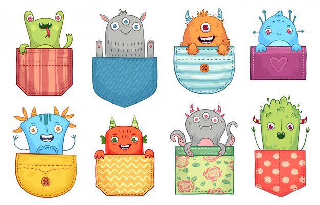 Cartoon Taschenmonster Lustige Monster In Den Taschen Gruselige Halloween Kreaturen Und Kleines Boo Monster Illustrationsset Premium Vektor