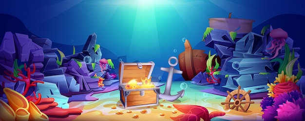 Cartoon-unterwasserwelt mit offener piraten-schatztruhe
