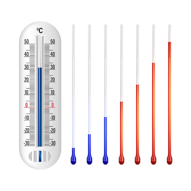 Celsius-meteorologie-thermometer zur messung von hitze und kalter wintertemperatur isoliert auf weißem hintergrund, realistische vektordarstellung