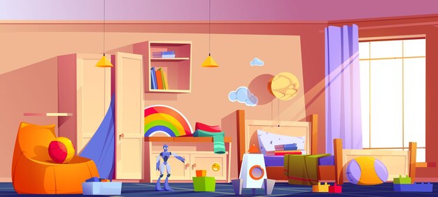 Chaos im Kinderzimmer, unordentliches Kinderzimmer mit Büchern auf ungemachtem Bett und verstreutem Spielzeug auf dem Teppich. Unordnung der Wohnung im Innenbereich mit Möbeln und Ausrüstung für Spiele, Cartoon-Vektorillustration