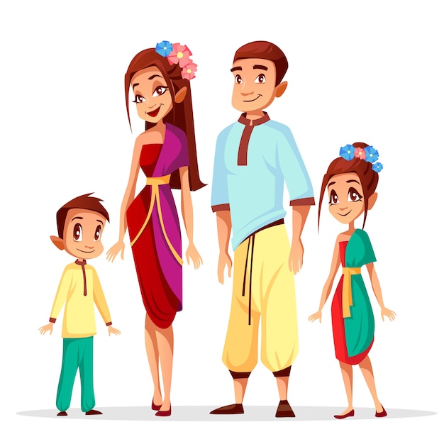 Kostenloser Vektor charaktere der thailändischen leute der karikatur der familie, der frau und des mannes mit kindern oder kindern
