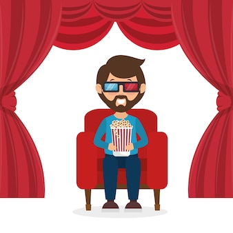 Charaktermann, der uhr 3d film mit popcorn sitzt