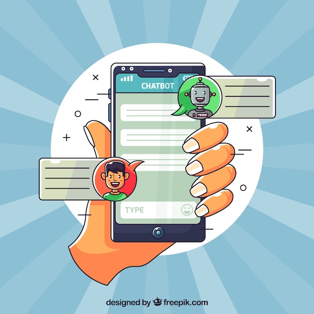 Kostenloser Vektor chatbot konzept hintergrund mit mobilen gerät
