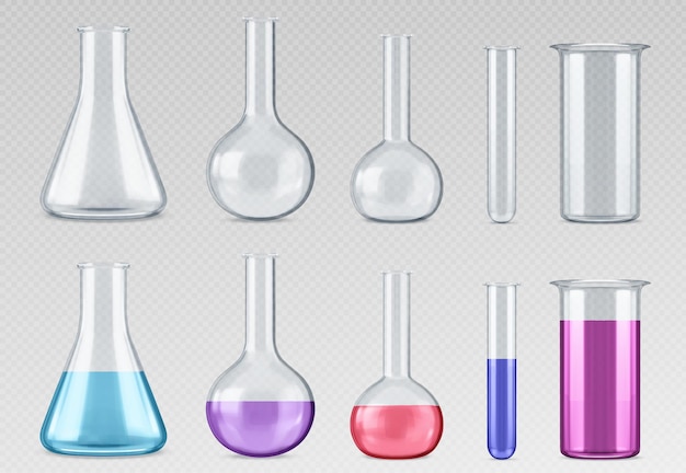 Chemie Messglasröhren und Becher Realistische Vektorillustrationssatz von leeren transparenten und mit farbiger Flüssigkeit gefüllten Laborkolben Labortestgeräte und wissenschaftliche Glaswaren
