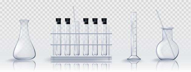 Chemische messkolben und reagenzgläser aus glas im labor in realistischen vektorillustrationen. transparente, leere laborglasbehälter und pipetten. wissenschaftliche pharmazeutische oder medizinische geräte