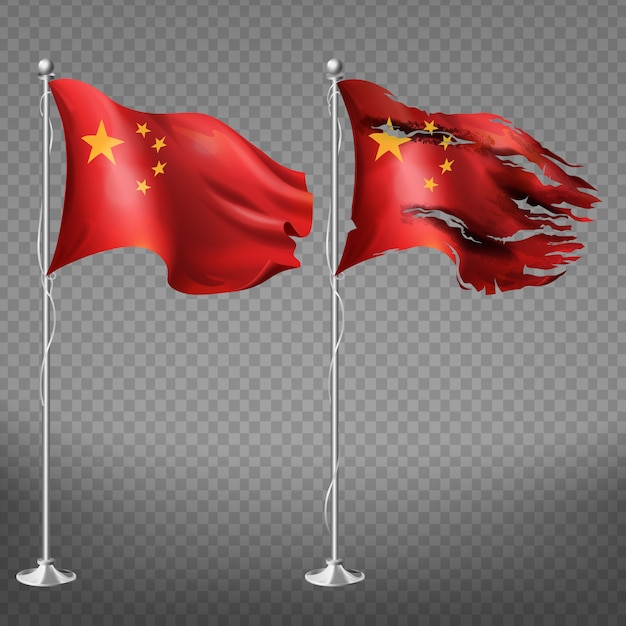 Kostenloser Vektor china-flaggensatz des neuen und zackigen beschädigten wellenartig bewegenden nationalen landsegeltuches der ränder rot mit gelben sternen