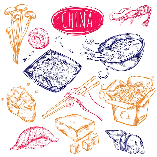 Kostenloser Vektor china food sketch set
