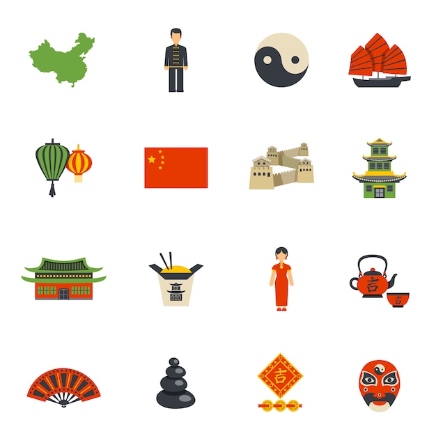 Kostenloser Vektor chinesische kultur-symbols-flache ikonen eingestellt
