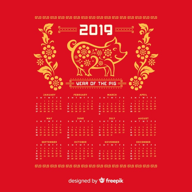 Chinesischer kalender des neuen jahres des schweins und der blumen