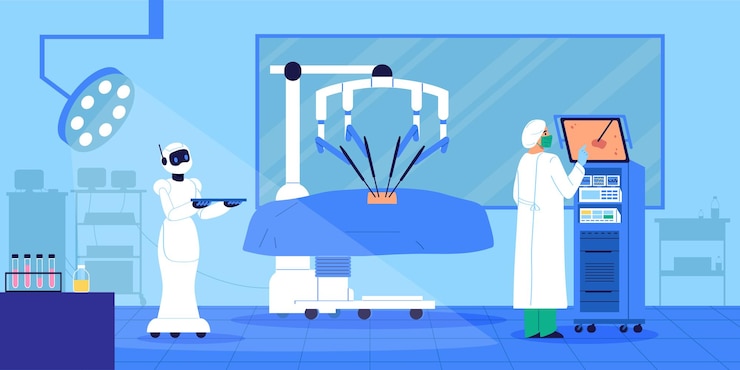 Kostenlose Vektor chirurg im operationssaal nutzt innovative geräte der künstlichen intelligenz, wobei ihm ein roboterassistent bei der flachen vektordarstellung hilft