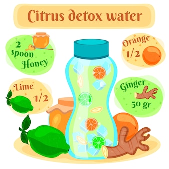 Citrus detox wasser für schnellen gewichtsverlust flache bildliche rezeptzusammensetzung mit limettenhonig ingwer zutaten