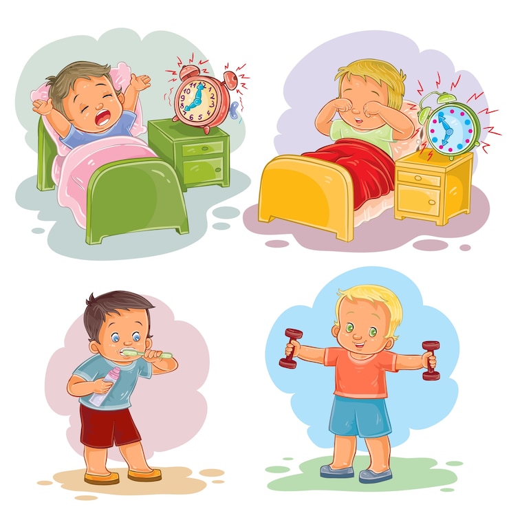 Kostenlose Vektor clip art illustrationen von kleinen kindern aufwachen am morgen