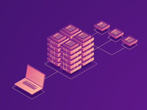 Cloud-Datenspeicherung, Internet-Traffic-Routing, Serverraum, Laptop-Datenfluss, Hochladen von Daten auf einem Remot