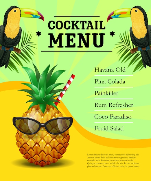 Cocktail menü plakat vorlage. ananas in sonnenbrille, tukane, palmblätter