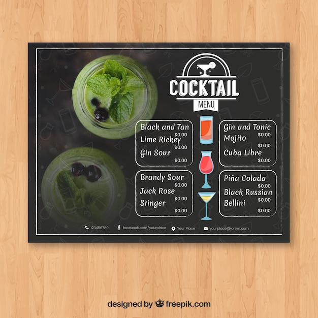 Kostenloser Vektor cocktailmenüschablone mit flachem design