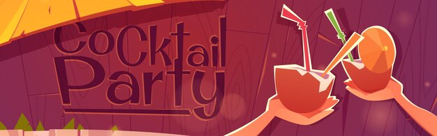 Cocktailparty-Banner mit Strandbar und Kokosnüssen
