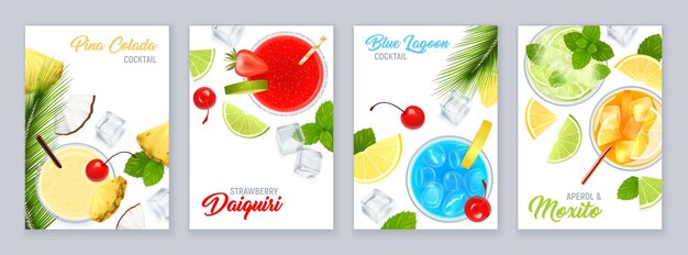 Cocktails Draufsichtplakatsatz mit tropischen Früchten und realistischer Illustration