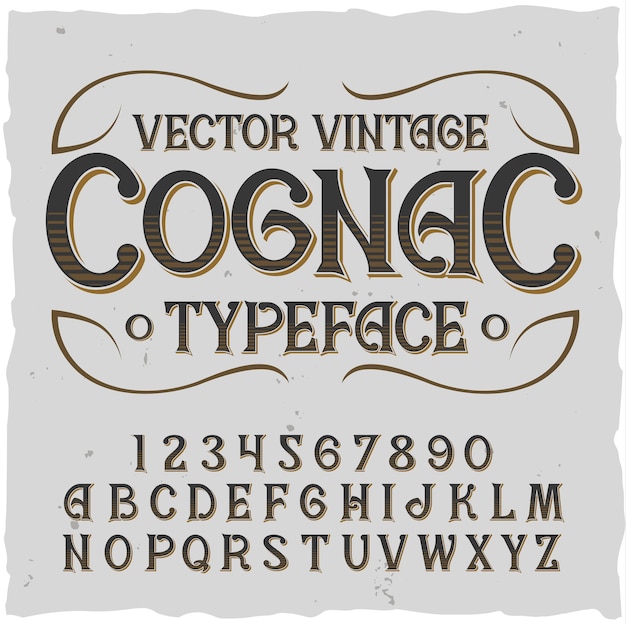 Kostenloser Vektor cognac alphabet mit quadratischem rahmen und vintage schrift mit linien ziffern und buchstaben