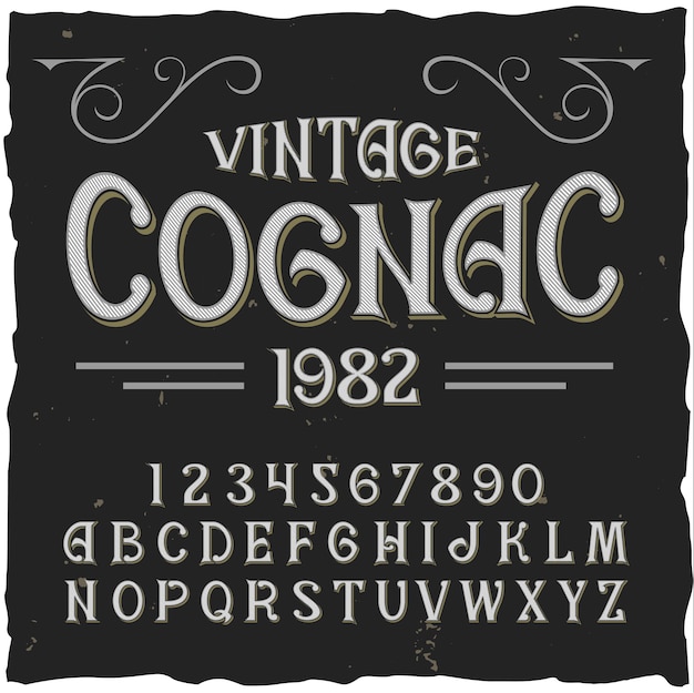 Kostenloser Vektor cognac-hintergrund mit vintage-schriftetikett mit bearbeitbarer verzierter text- und buchstabenillustration