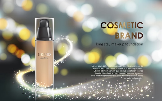 Colorstay make-up in eleganten verpackung grauen hintergrund mit einem bokeh-effekt und einem strom von funkelnden staub