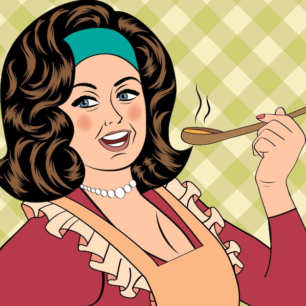 Comic-Frau mit Schürze ihr Essen schmecken