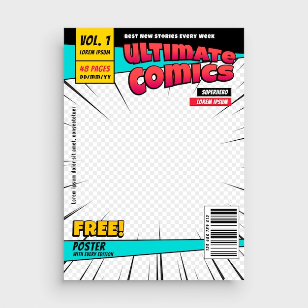 Kostenloser Vektor comic magazine titelseitenlayout design