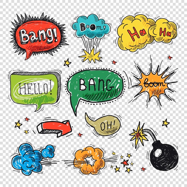 Comic sprechblase hand gezeichnet design element symbol boom splash bombe vektor-illustration.