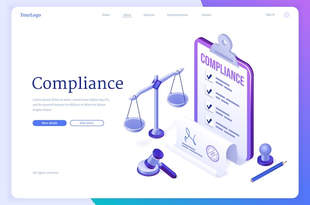 Compliance isometrische landing page, konzept der geschäftspolitikdokumente für die qualität und verfahren der gesetzlichen regulierung mit dokumentenskalen, hammer, siegelstempel und bleistift, 3d-vektor-webbanner