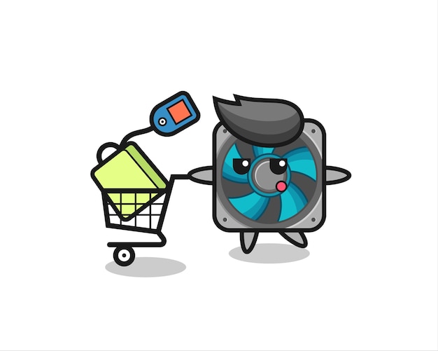 Computer-fan-illustration-cartoon mit einem einkaufswagen