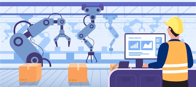 Computer für den menschlichen Gebrauch zur Steuerung der Roboterarme, die bei der Beschaffung in der Industrie für intelligente Fabriken arbeiten 4