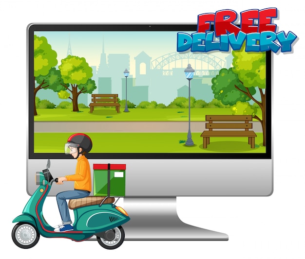 Computer mit Fahrradmann oder Kurier und kostenlosem Lieferlogo