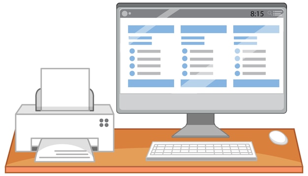 Kostenloser Vektor computer und drucker am schreibtisch auf weißem hintergrund