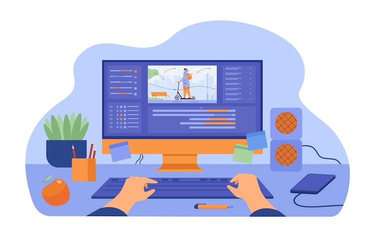 Kostenlose Vektor computer und monitor des grafikanimators, der videospiele erstellt, bewegungen modelliert, videodateien verarbeitet und einen professionellen editor verwendet. vektorillustration für grafikdesign, kunst, designerarbeitsplatzkonzept