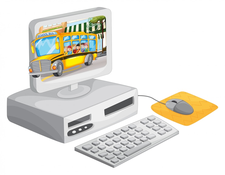 Kostenlose Vektor computerbildschirm mit kindern im schulbus