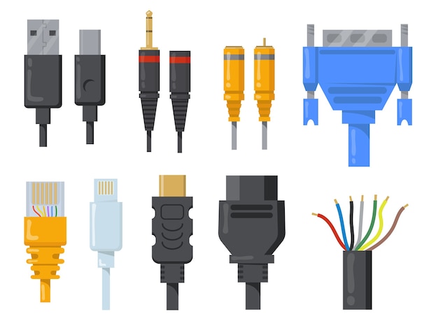 Kostenloser Vektor computerkabel, drähte und kabel flacher gegenstandssatz. schwarze und farbige cartoon-anschlüsse für isolierte vektorillustrationssammlung des hdmi- oder vga-anschlusses. netzwerk- und kommunikationskonzept