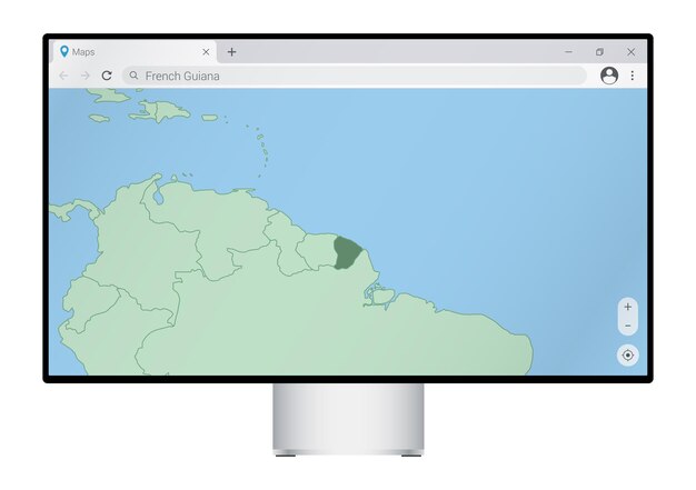 Computermonitor mit karte von französisch-guayana im browser, suchen sie im web-mapping-programm nach dem land französisch-guayana.