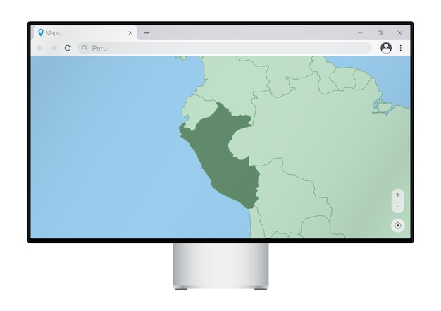 Computermonitor mit karte von peru im browser, suchen sie im web-mapping-programm nach dem land peru.