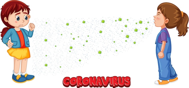 Kostenloser Vektor coronavirus-schriftart im cartoon-stil mit einem mädchen, das ihren freund ansieht, der einzeln auf weißem hintergrund niest