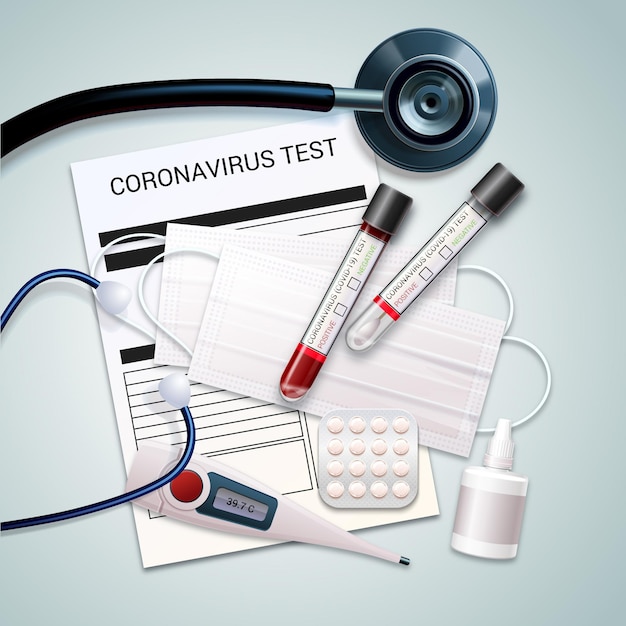 Coronavirus-testkit und stethoskop
