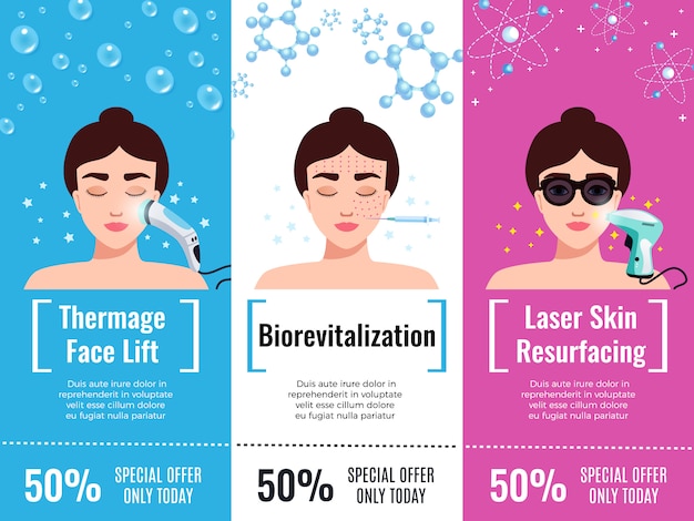 Cosmetology-Verjüngungsbehandlungsrabatt bietet flache horizontale Werbung mit dem lokalisierten thermischen Facelift an