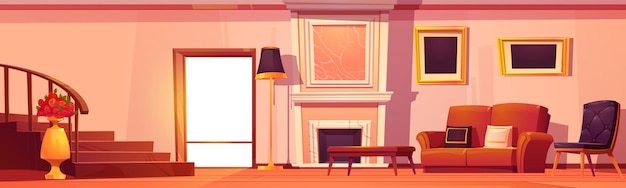 Kostenloser Vektor couch und kamin im luxuriösen wohnzimmer-interieur, cartoon-hintergrund, couchtisch, sessel und goldener bilderrahmen an der wand, retro-wohnzimmermöbel-illustration, retro-umgebung mit treppe