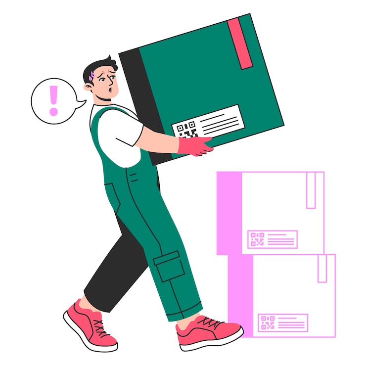 Kostenlose Vektor courier carrying a large package with boxes in the background concept illustration