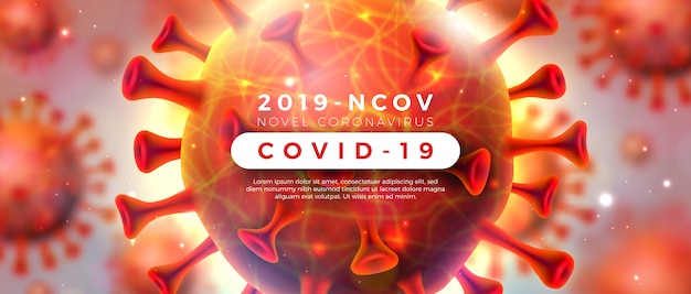 Covid-19. Coronavirus-Ausbruchsdesign mit Viruszelle in mikroskopischer Ansicht auf glänzendem hellem Hintergrund. 2019-ncov Corona Virus Illustration zum Thema Gefährliche SARS-Epidemie für Werbebanner.