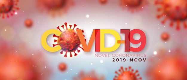 Covid-19. coronavirus-ausbruchsdesign mit viruszelle in mikroskopischer ansicht auf glänzendem hellem hintergrund. 2019-ncov corona virus illustration zum thema gefährliche sars-epidemie für werbebanner.