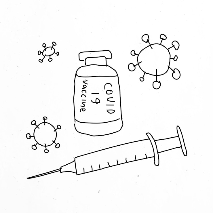 Kostenlose Vektor covid 19-impfstoff-doodle-illustrationsflasche mit nadel-doodle für klinische studie