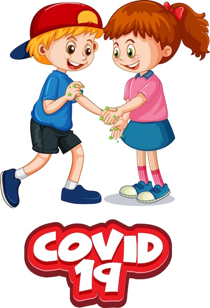 Covid-19-schriftart im cartoon-stil mit zwei kindern hält keine soziale distanz isoliert auf weißem hintergrund