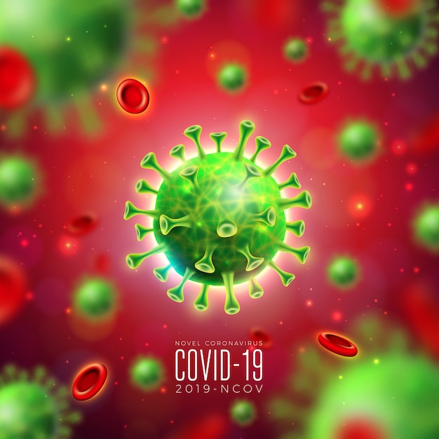 Covid19. Coronavirus-Ausbruchsdesign mit Virus und Blutzelle in mikroskopischer Ansicht auf rotem Hintergrund. Vektor 2019-ncov Corona-Virus-Illustration auf gefährlichem SARS-Epidemiethema für Banner.