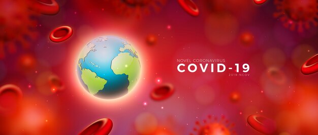 Covid19. Coronavirus Epidemic Design mit Virus und Blutkörperchen und Erde